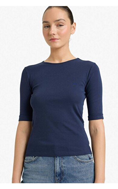 Slim Fit Dar Kesim Bisiklet Yaka Ribana Kısa Kollu Tişört