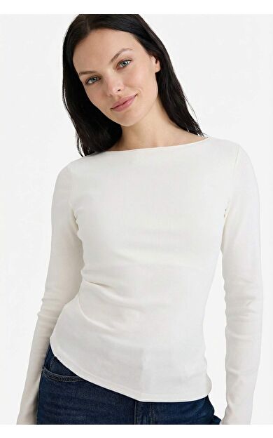 Slim Fit Dar Kesim Bisiklet Yaka Ribana Uzun Kollu Tişört