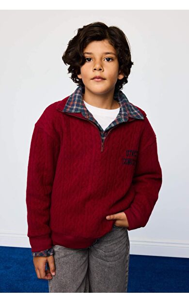 Erkek Çocuk Oversize Geniş Kalıp Yarım Fermuarlı Baskılı Jakarlı Sweatshirt