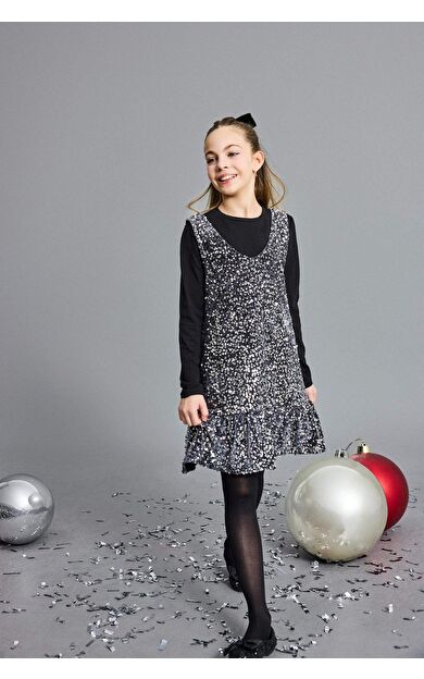 Kız Çocuk 2'li Takım Uzun Kollu Tişört Payetli Kolsuz Elbise