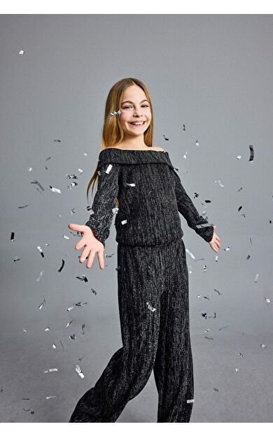 Kız Çocuk Yılbaşı Temalı 2'li Takım Simli Kumaş Omzu Açık Bluz Pantolon