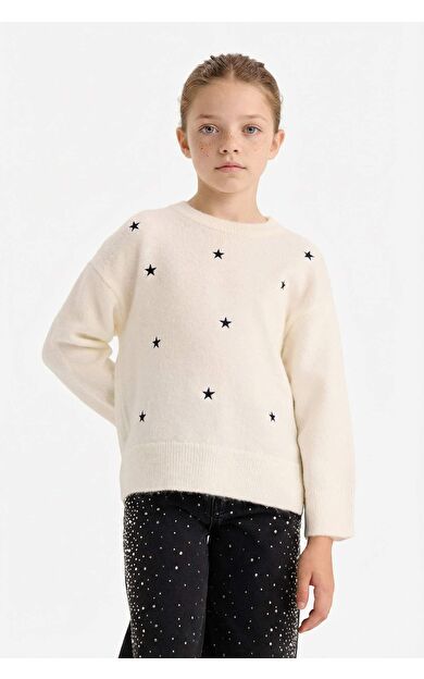 Kız Çocuk Bisiklet Yaka Nakışlı Kazak