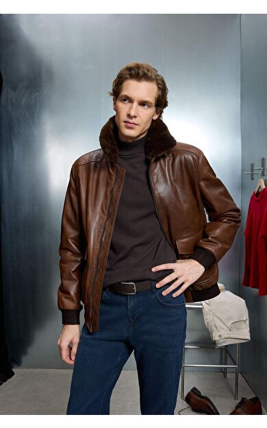 %100 Deri Premium Modern Fit Polo Yaka Astarlı Fermuarlı Mont