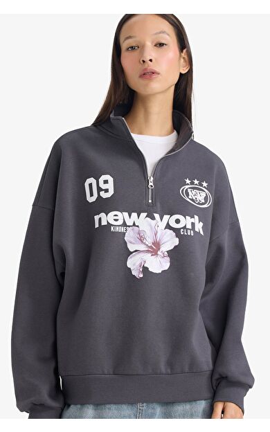 DeFacto Regular Fit Dik Yaka Yarım Fermuarlı Baskılı Sweatshirt