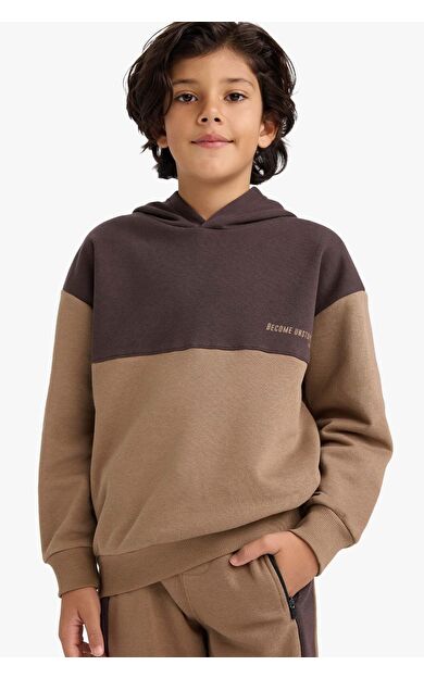 DeFacto Erkek Çocuk Oversize Geniş Kalıp Kapüşonlu Baskılı İçi Yumuşak Tüylü Sweatshirt