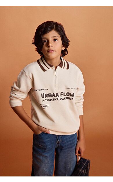 DeFacto Erkek Çocuk Polo Yaka Baskılı İçi Yumuşak Tüylü Sweatshirt