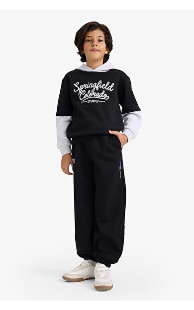 DeFacto Erkek Çocuk Oversize Geniş Kalıp Slogan Baskılı Kalın Sweatshirt Kumaşı Pantolon