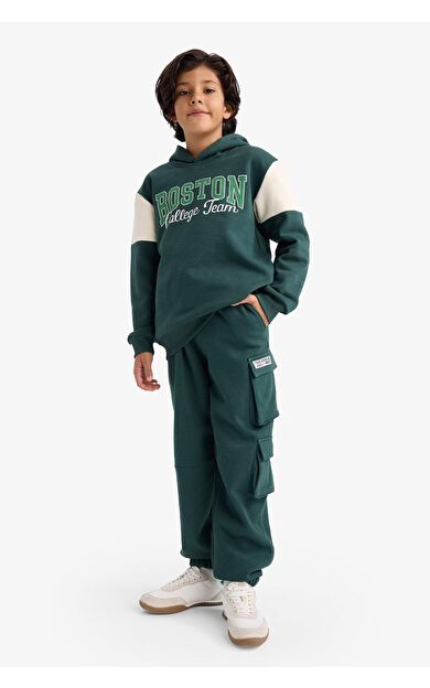 Erkek Çocuk Kargo Fit Slogan Baskılı Kalın Sweatshirt Kumaşı Pantolon