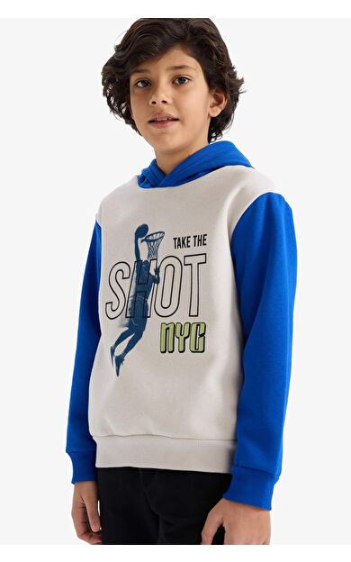 Erkek Çocuk New Regular Fit Kapüşonlu Baskılı İçi Yumuşak Tüylü Sweatshirt
