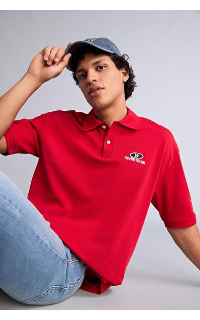 DeFacto Loose Fıt Polo Yaka Slogan Baskılı Kısa Kollu Polo Tişört