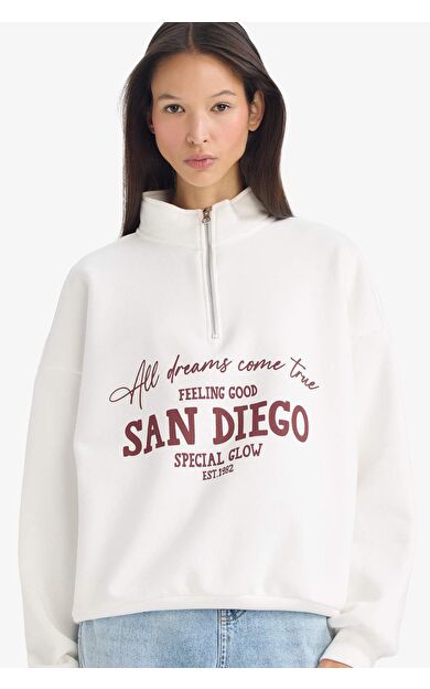 Oversize Geniş Kalıp Yarım Fermuarlı Baskılı Kalın Sweatshirt