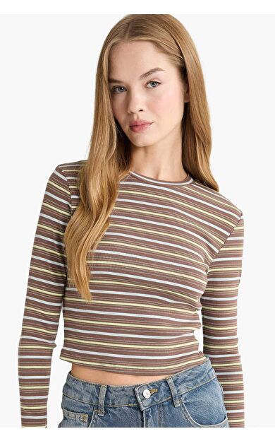Fitted Bisiklet Yaka Çizgili Ribana Uzun Kollu Tişört