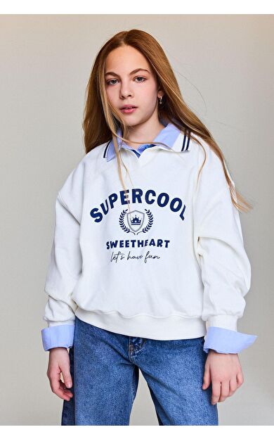 DeFacto Okula Dönüş Polo Yaka Slogan Baskılı İçi Yumuşak Tüylü Sweatshirt Kumaşı Sweatshirt Kız Çocuk