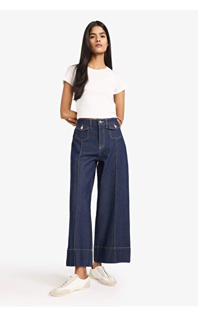 Kısa Geniş Paça Yüksek Bel Crop Fit Crop Jean Pantolon