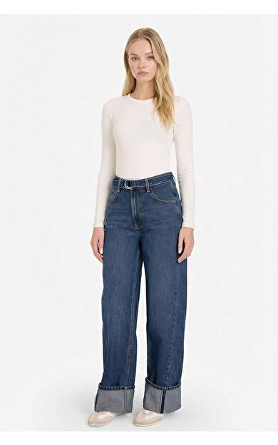 Wide Leg Normal Bel Katlamalı Paça Uzun Jean Pantolon
