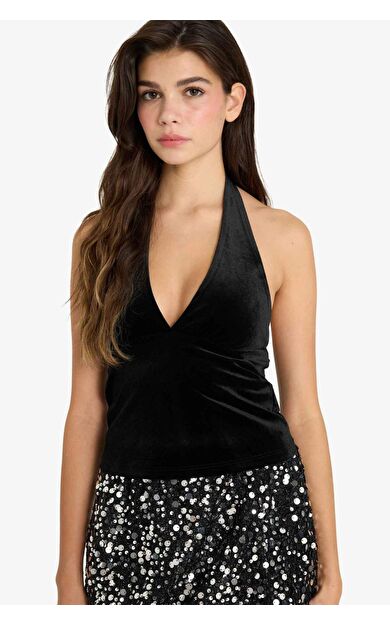 Fitted Halter Yaka Kadife Bluz