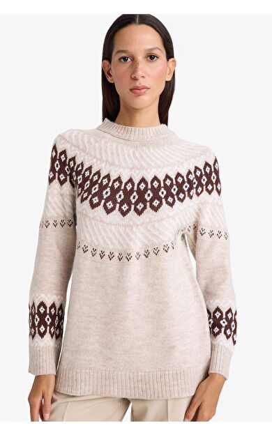 Regular Fit Bisiklet Yaka Desenli Triko Kazak Tunik