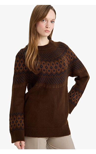 DeFacto Regular Fit Bisiklet Yaka Desenli Triko Kazak Tunik