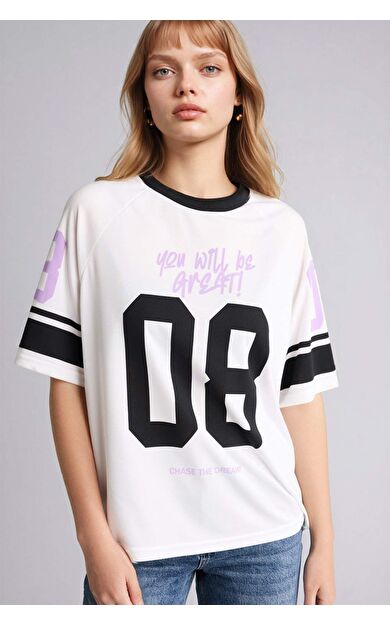 DeFacto Oversıze Bisiklet Yaka Baskılı Kısa Kollu Tişört