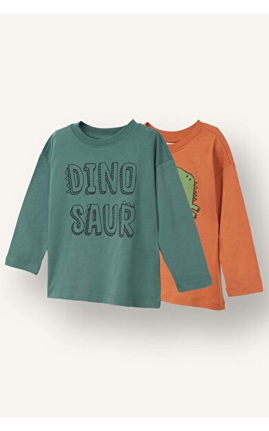Regular Fıt Bisiklet Yaka Hayvan Desenli 2'li Uzun Kollu Tişört Erkek Bebek