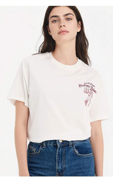 DeFacto Oversıze Bisiklet Yaka Baskılı Kısa Kollu Tişört