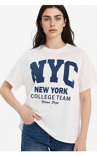 DeFacto Oversıze Bisiklet Yaka Baskılı Kısa Kollu Tişört