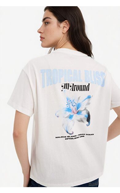 DeFacto Oversıze Bisiklet Yaka Baskılı Kısa Kollu Tişört