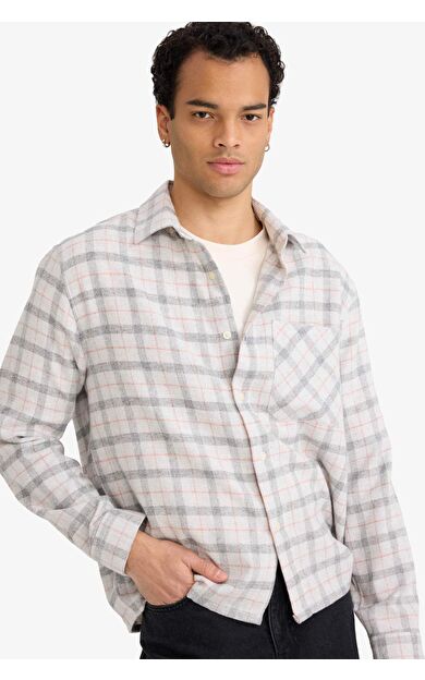 Boxy Fit Gömlek Yaka Flanel Uzun Kollu Gömlek