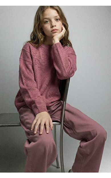 Kız Çocuk Regular Fit Bisiklet Yaka Nakışlı Kazak