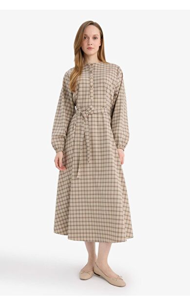 Regular Fit Bisiklet Yaka Baskılı Uzun Kollu Elbise