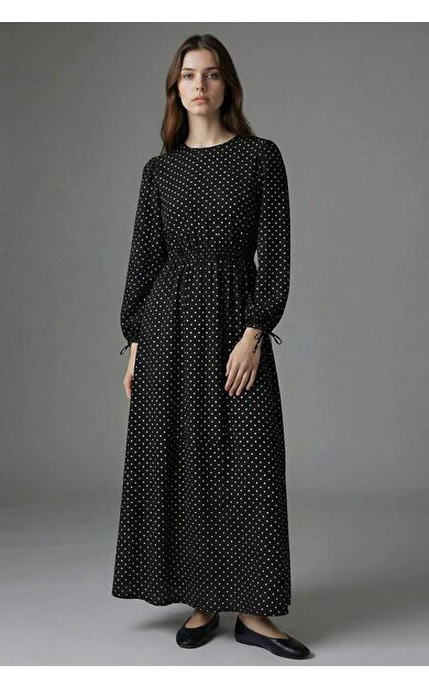 Bisiklet Yaka Baskılı Poplin Uzun Kollu Elbise