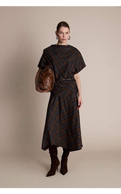 DeFacto Yılbaşı Temalı Kalem Kareli Normal Bel Midi Etek