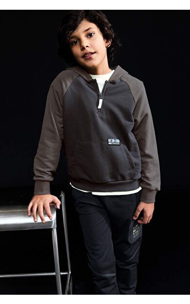 Erkek Çocuk Oversize Geniş Kalıp Kapüşonlu Slogan Baskılı Cep Baskılı Sweatshirt