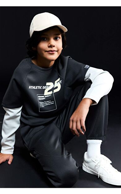 Erkek Çocuk Oversize Geniş Kalıp Bisiklet Yaka Baskılı Skuba Dalgıç Kumaş Sweatshirt