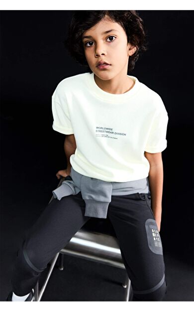 Erkek Çocuk Oversize Geniş Kalıp Bisiklet Yaka Slogan Baskılı Kısa Kollu Tişört