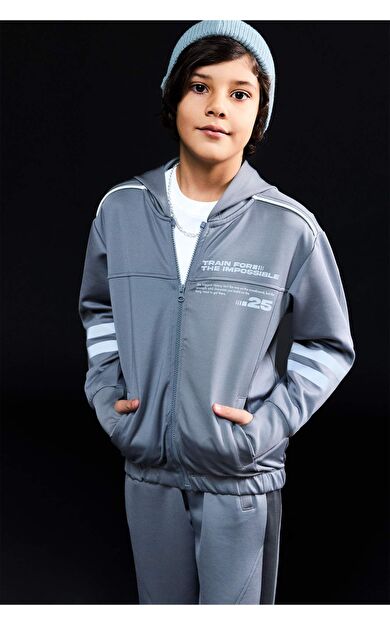 Erkek Çocuk Baskılı Kapüşonlu Skuba Dalgıç Kumaş Fermuarlı Hırka