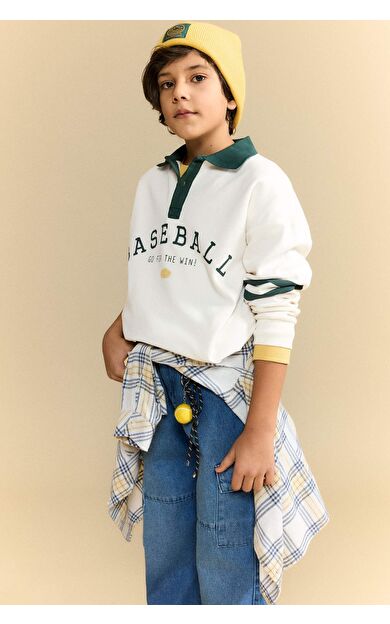 Erkek Çocuk Oversize Geniş Kalıp Polo Yaka Kolej Baskılı Uzun Kollu Polo Tişört