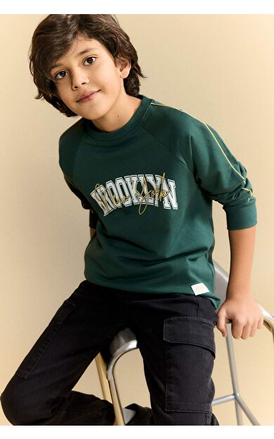 Erkek Çocuk Oversize Geniş Kalıp Bisiklet Yaka Baskılı Sweatshirt Kumaşı Uzun Kollu Tişört