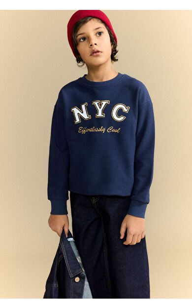 Erkek Çocuk Oversize Geniş Kalıp Bisiklet Yaka Baskılı Uzun Kollu Tişört