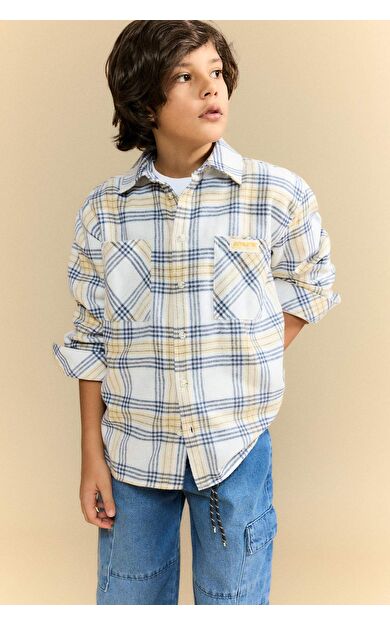 Erkek Çocuk Oversize Geniş Kalıp Gömlek Yaka Kareli Flanel Uzun Kollu Gömlek