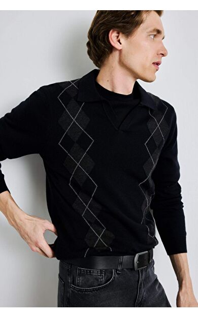 DeFacto Standart Fit Bisiklet Yaka Baklava Desenli Triko Kazak