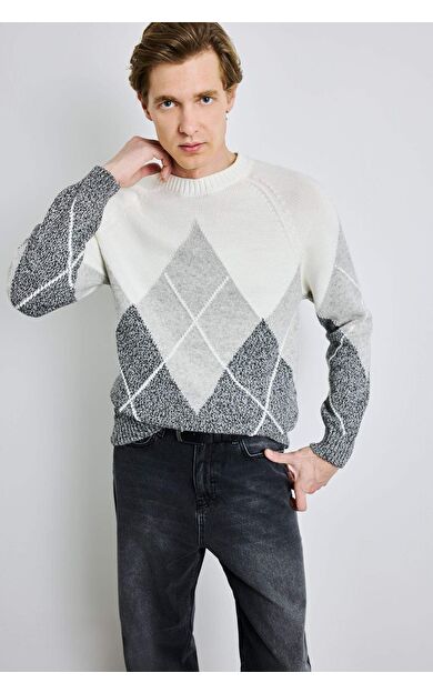 DeFacto Standart Fit Bisiklet Yaka Baklava Desenli Triko Kazak