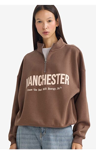 DeFacto Oversize Geniş Kalıp Yarım Fermuarlı Baskılı Kalın Kumaş Sweatshirt