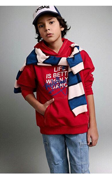 Erkek Çocuk Oversize Geniş Kalıp Kapüşonlu Baskılı Sweatshirt