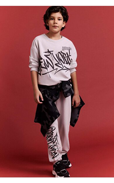 Erkek Çocuk 2'li Takım Baskılı Sweatshirt Eşofman Altı