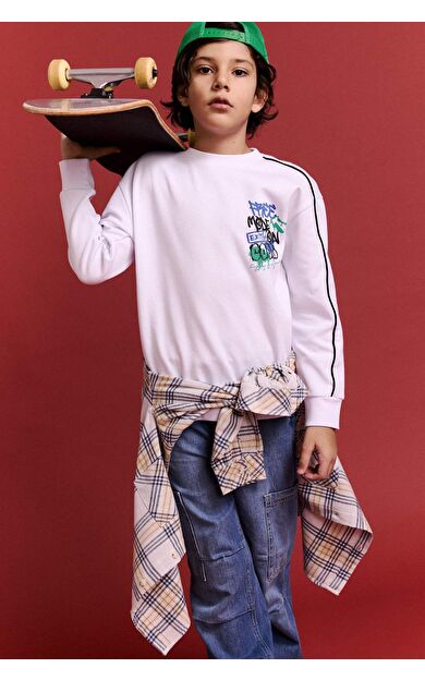 Erkek Çocuk Oversize Geniş Kalıp Bisiklet Yaka Baskılı Uzun Kollu Tişört
