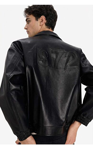 Oversıze Gömlek Yaka Fermuarlı Suni Deri Mont