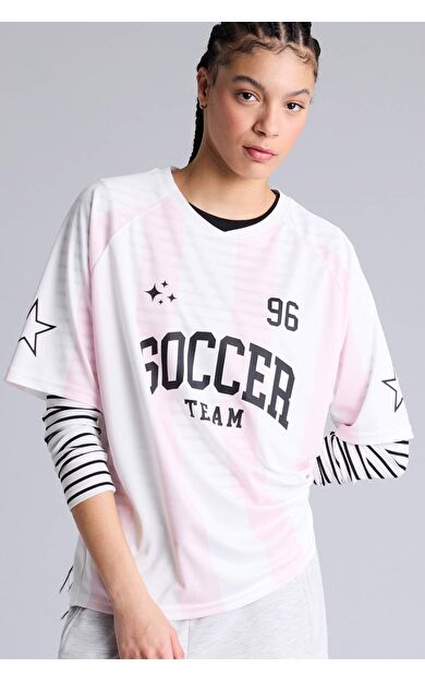 DeFacto Oversıze Bisiklet Yaka Dijital Baskılı Baskılı Sporcu Tül Kısa Kollu Tişört