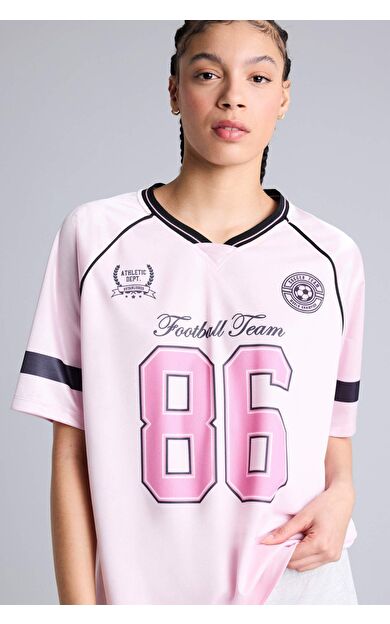 DeFacto Oversıze Bisiklet Yaka Dijital Baskılı Baskılı Sporcu Tül Kısa Kollu Tişört