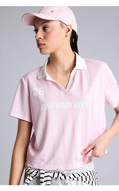 DeFacto Cropped Fıt Polo Yaka Dijital Baskılı Baskılı Sporcu Tül Kısa Kollu Polo Tişört
